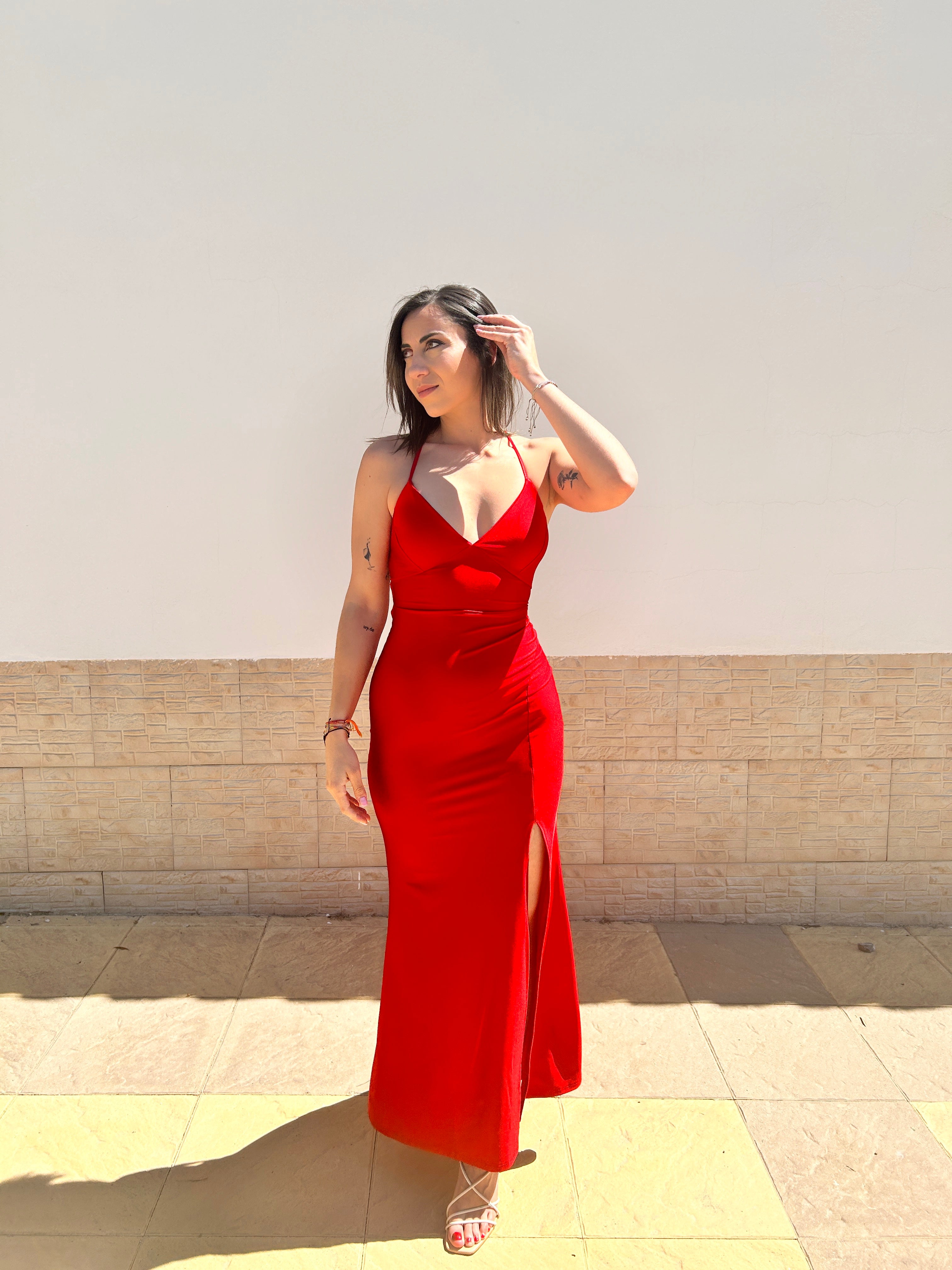 Red satin dress with interlaced back