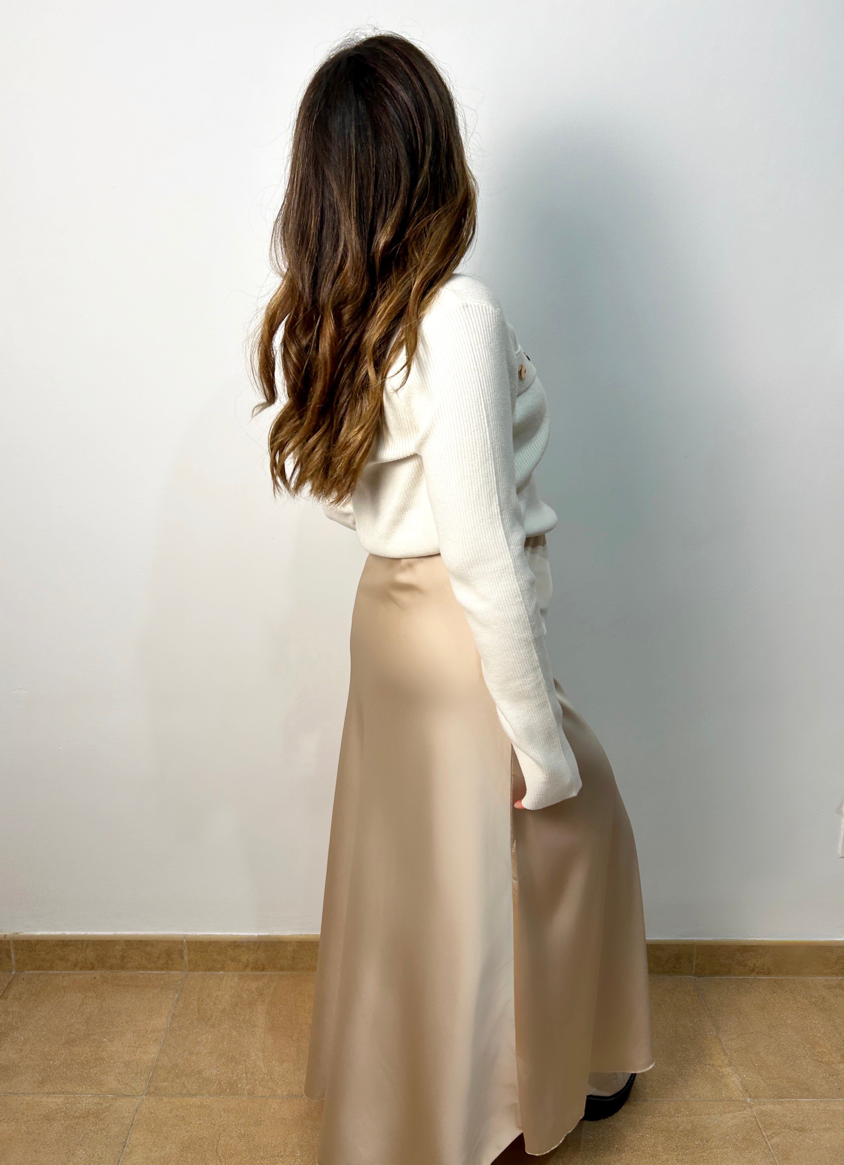 Beige satin midi skirt