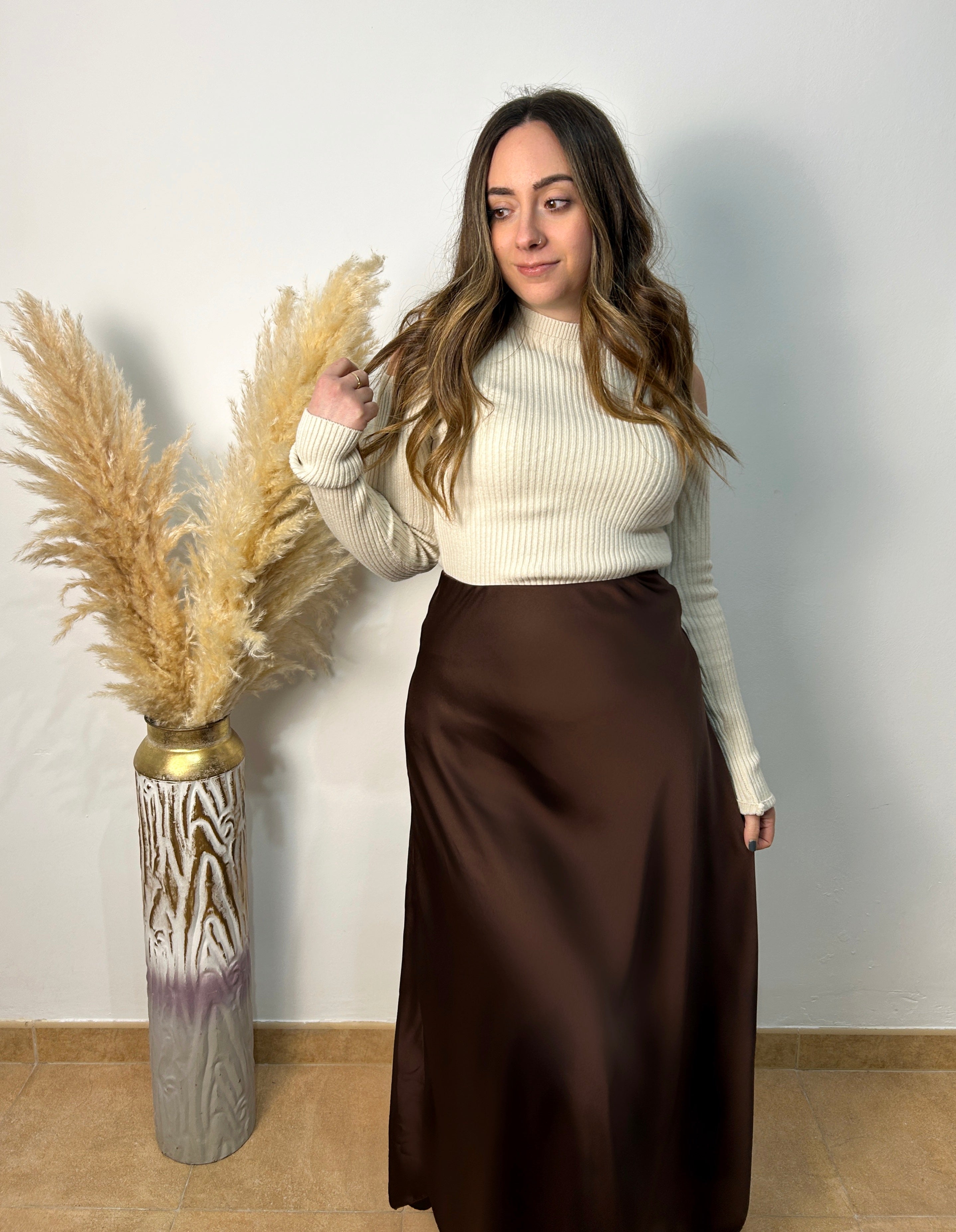 Brown satin midi skirt