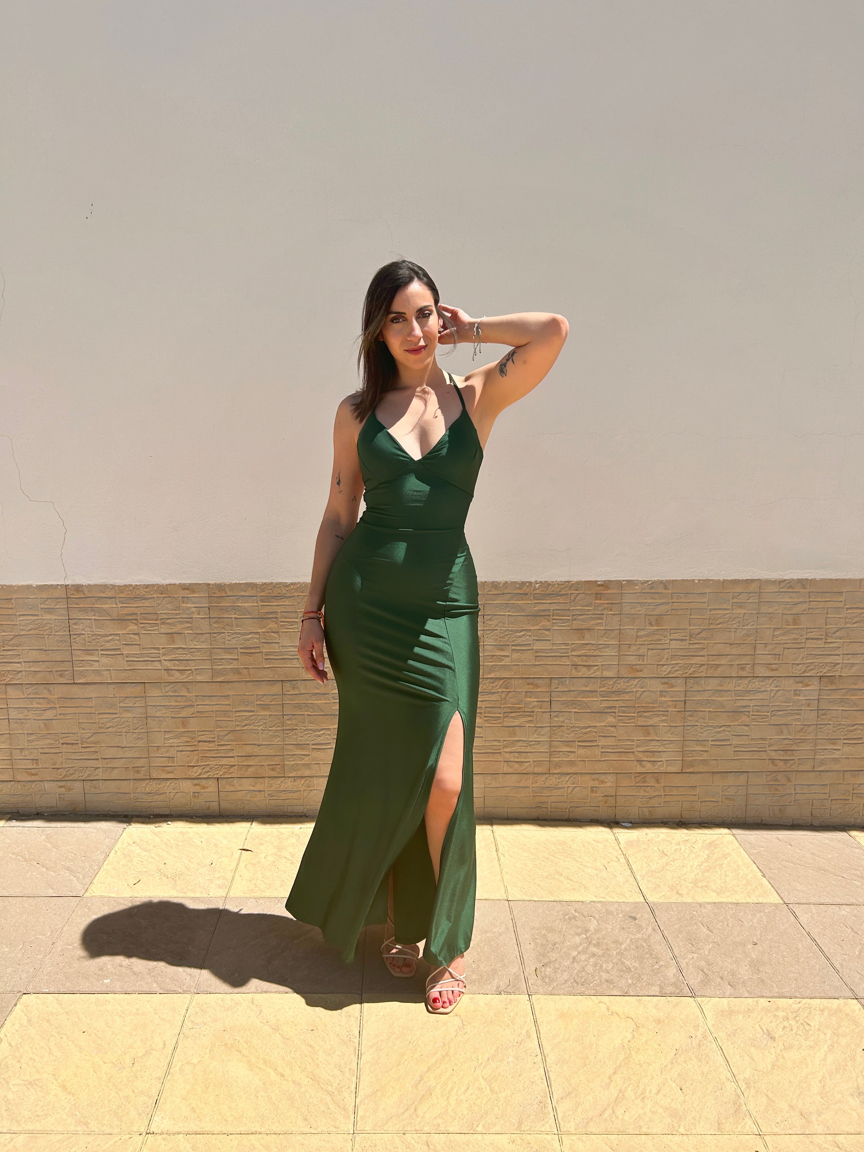 Green satin dress with interlaced back