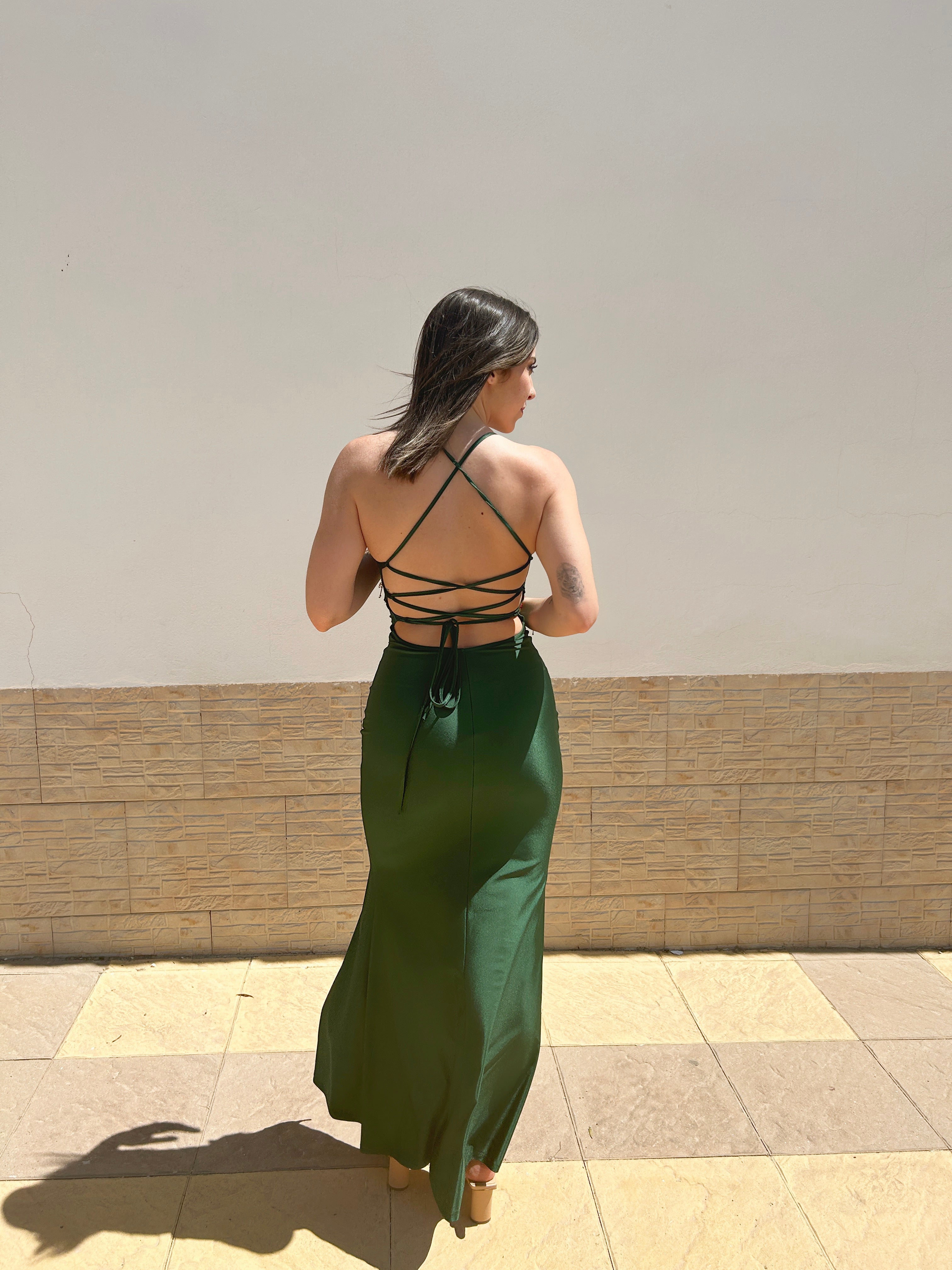 Green satin dress with interlaced back