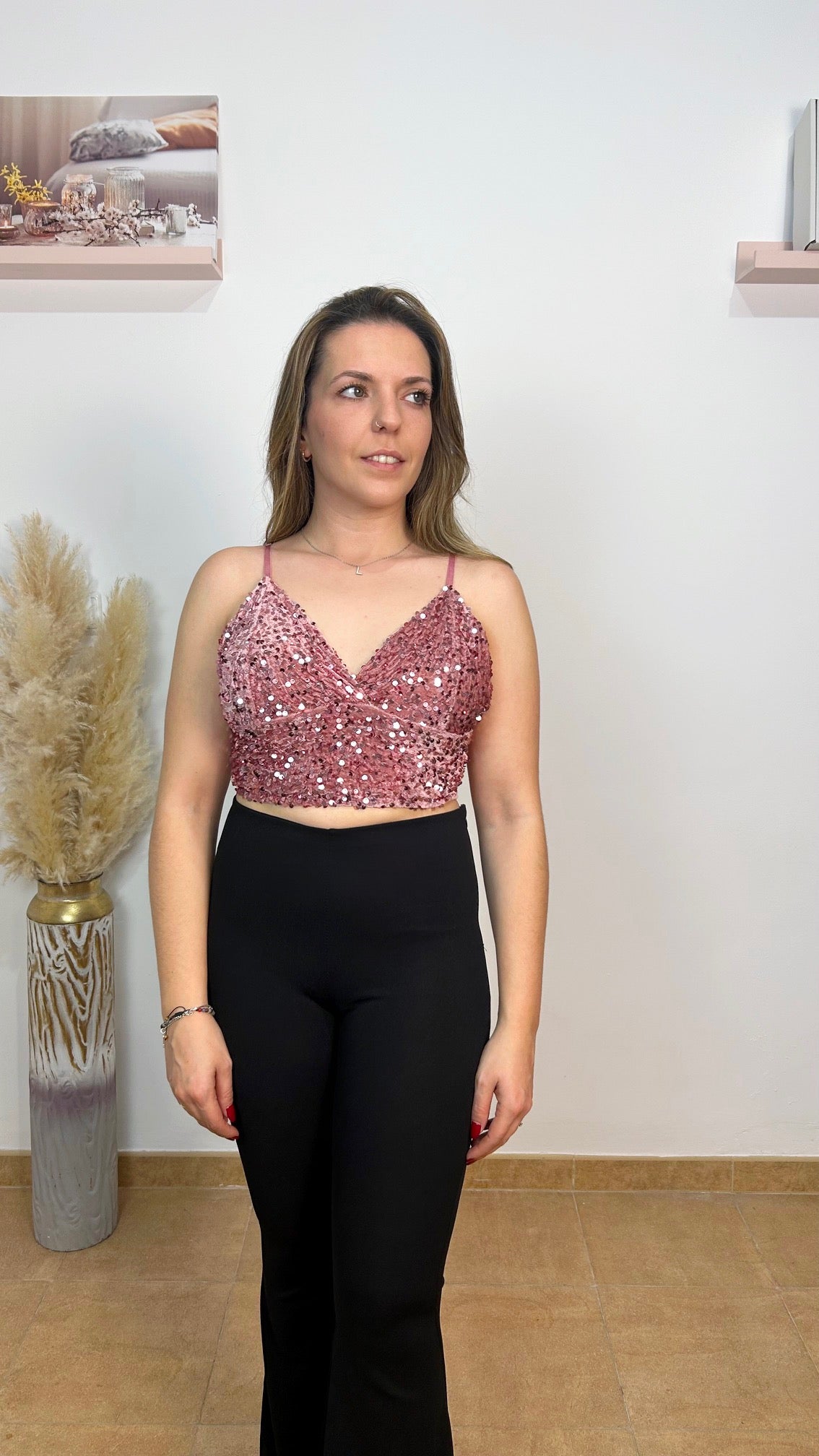 Top glitter velvet rosa