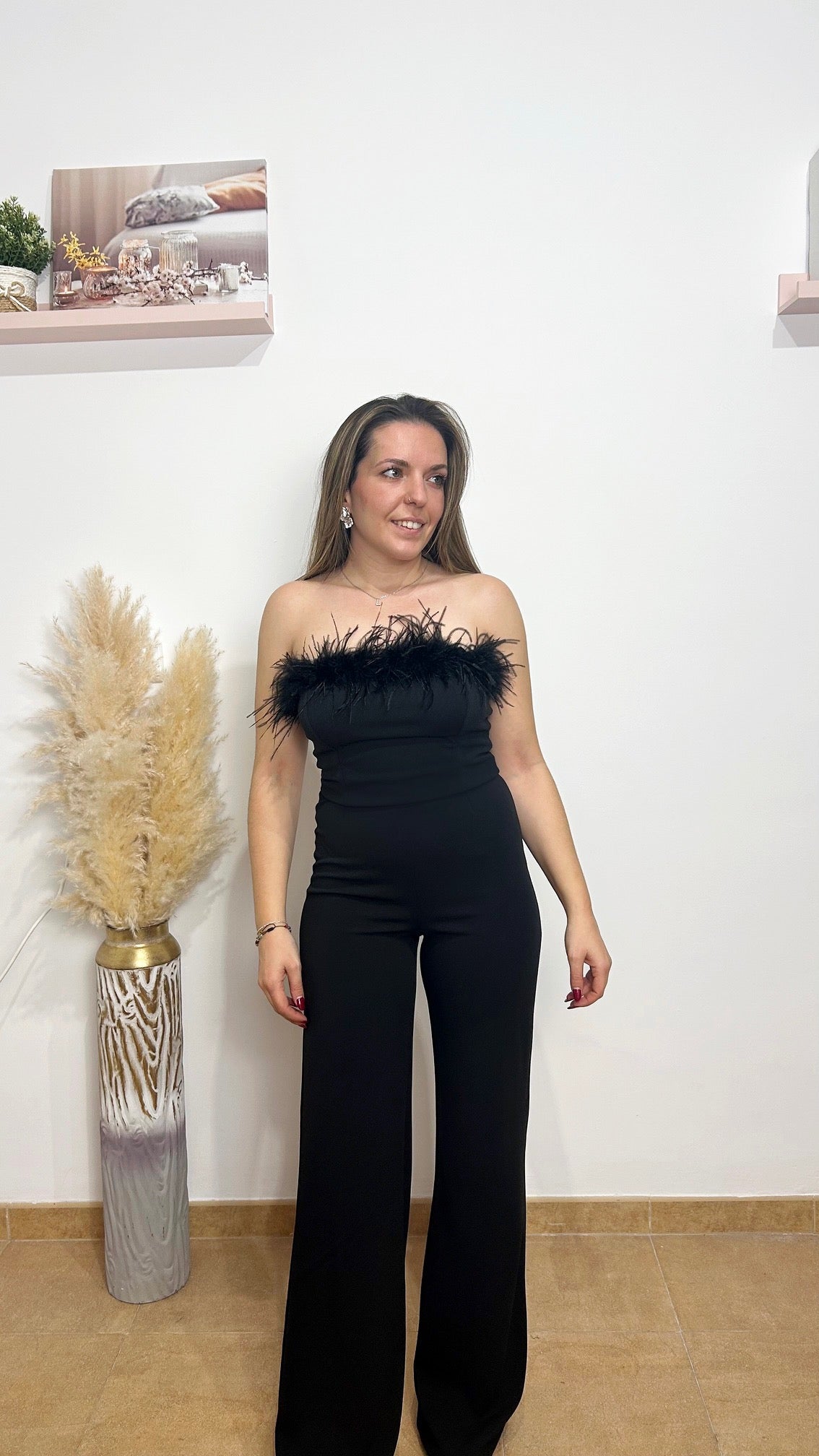 Black feather neckline jumpsuit