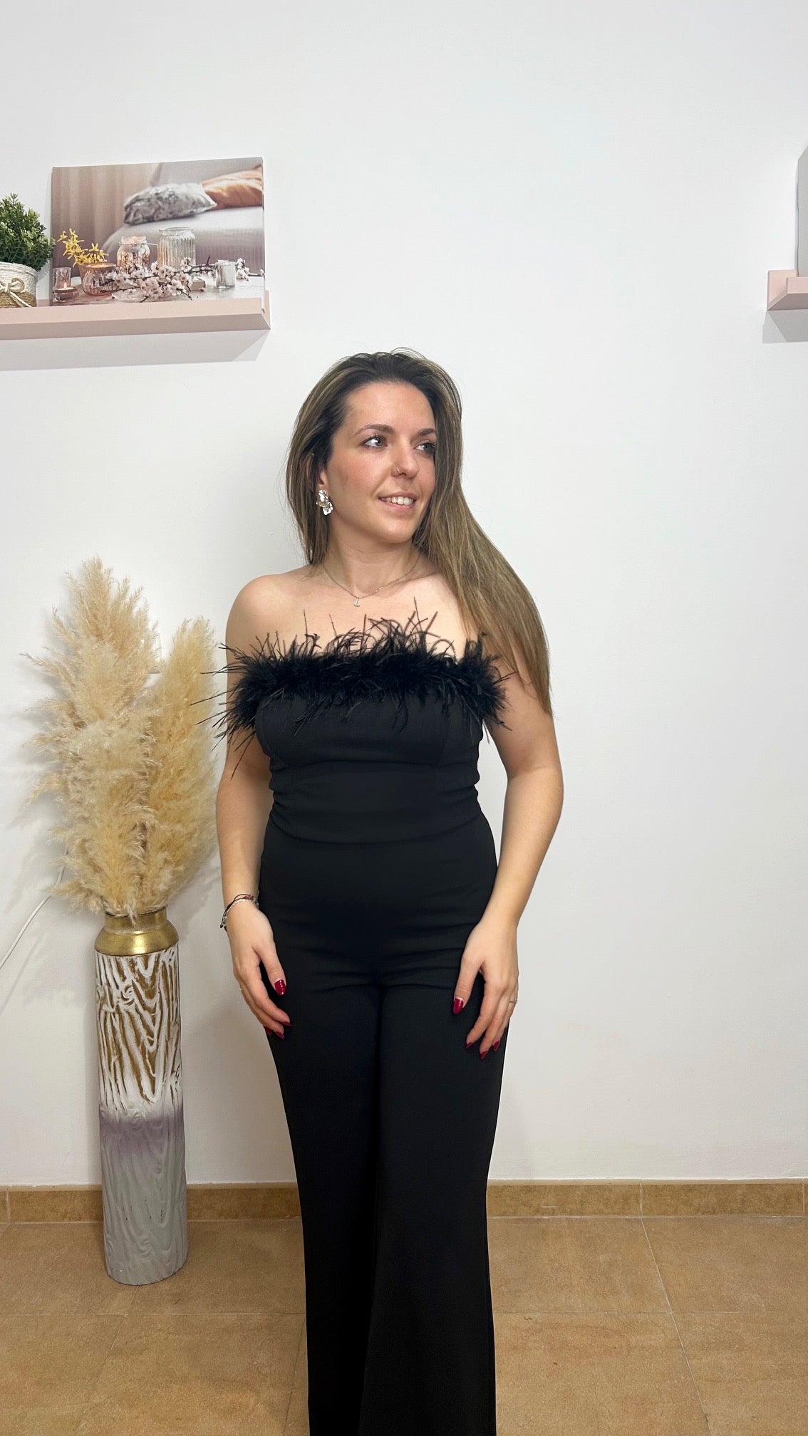 Black feather neckline jumpsuit