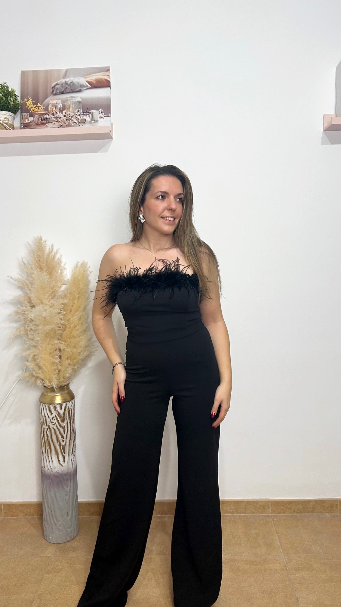 Black feather neckline jumpsuit