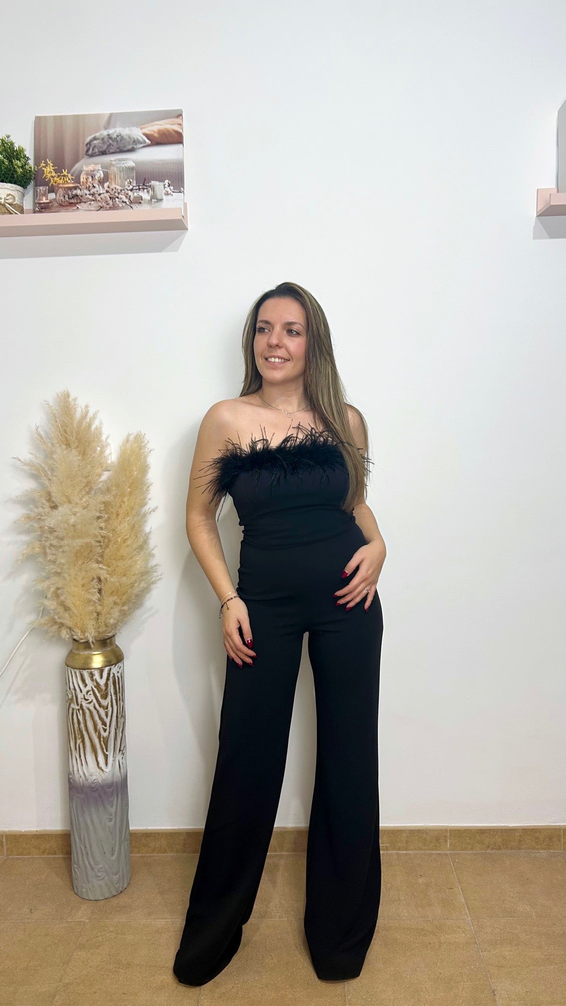 Black feather neckline jumpsuit