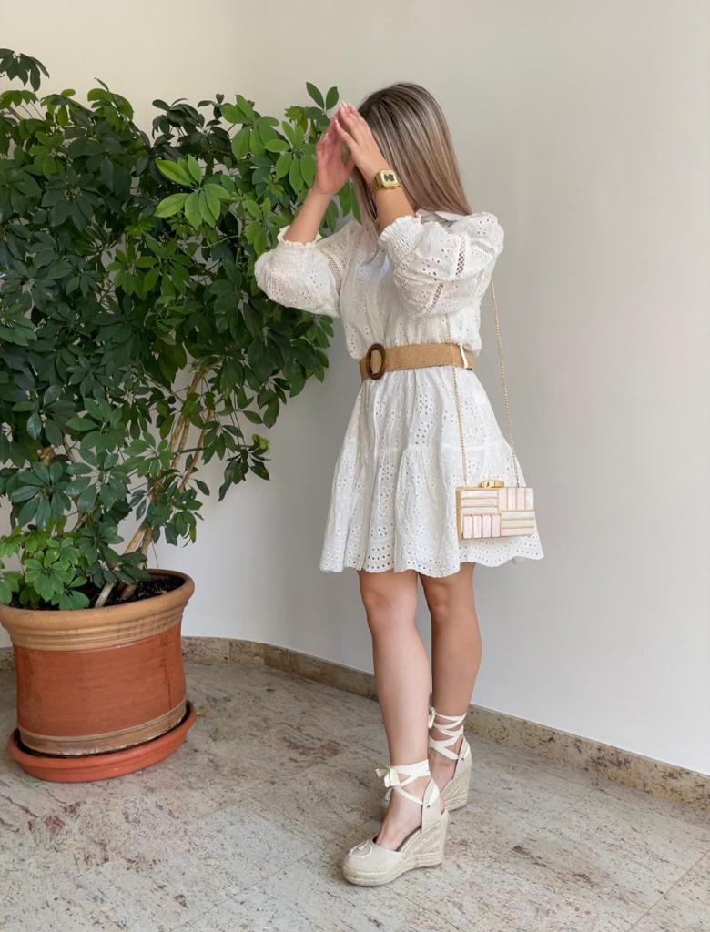 Vestido camisero calado mini blanco